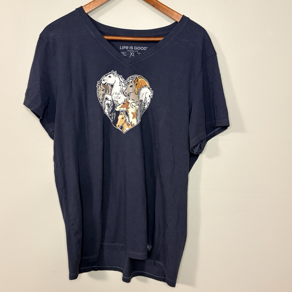 Life Is Good Navy Horses Heart Graphic Short Sleeve Crusher Tee T-Shirt Size XL